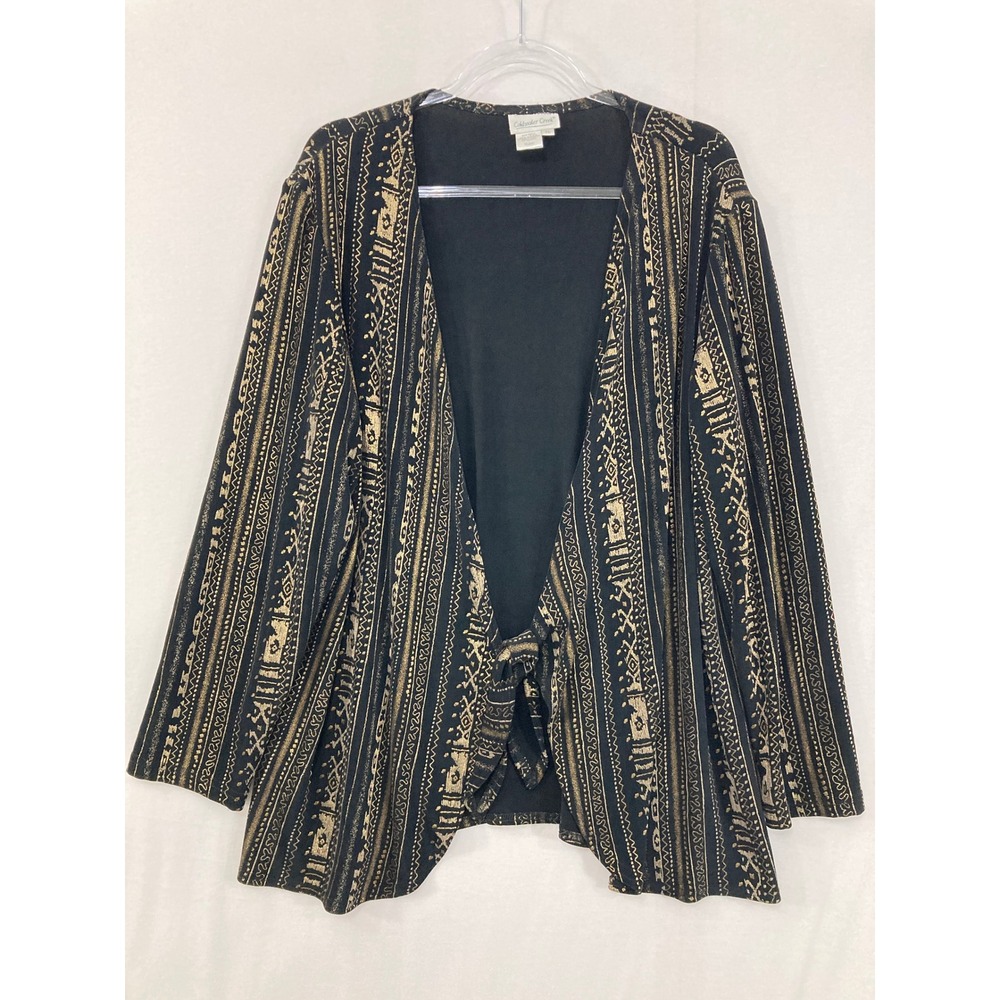 Coldwater Creek Cardigan XL Black Gold Tribal Metallic Tie Front Slinky Knit